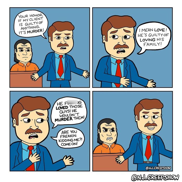 Comic strip from NJ Creepshow series showing a lawyer passionately defending his client in court.