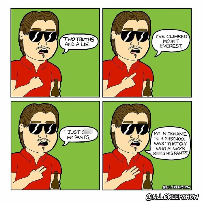 Cartoon man with sunglasses telling two truths and a lie in a funny NJ Creepshow comic strip.