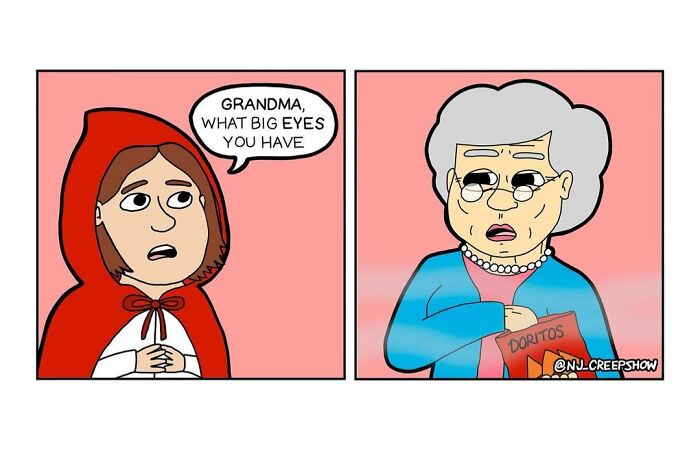 Cartoon comic from NJ Creepshow series showing a girl in red hood talking to an older woman holding a Doritos bag.