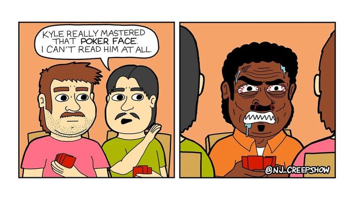 Two men discuss a poker face while a third man shows a disturbing expression in a dark humor comic from NJ Creepshow.