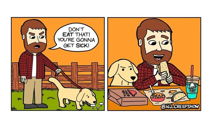 Man warns dog not to eat mushrooms, then enjoys Taco Bell meal in a dark humor comic from NJ Creepshow series.