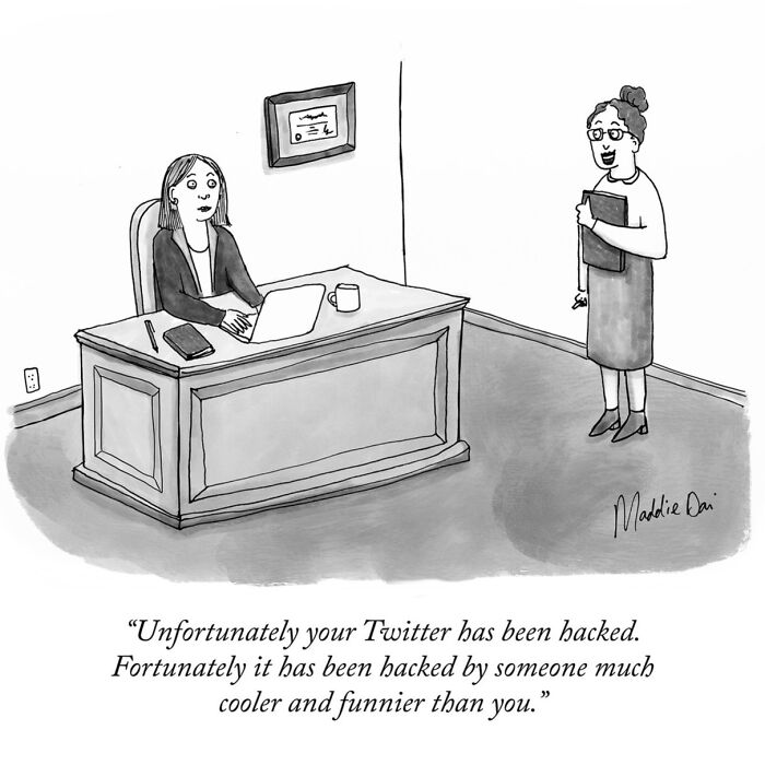 Cartoon by Maddie Dai showing a humorous office scene about a Twitter hack with witty dialogue.