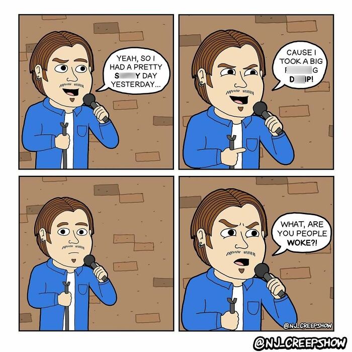 Comic strip from NJ Creepshow series featuring a man with microphone delivering a humorous stand-up routine.