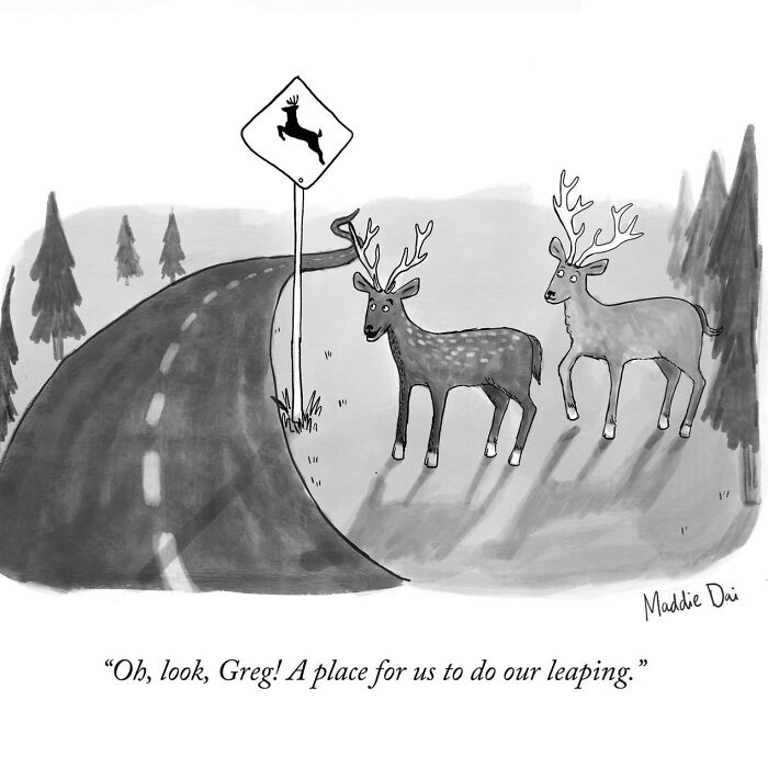 Two deer near a road sign for deer crossing in a clever and relatable cartoon by Maddie Dai.