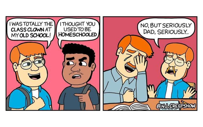 Two characters in a dark humor comic from the NJ Creepshow series having a humorous conversation about school and homeschooling.