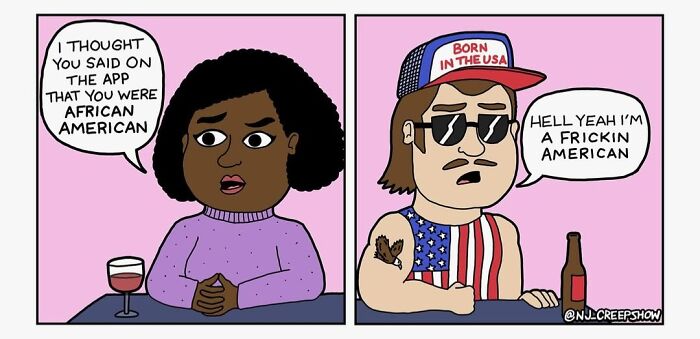 Two characters in a funny NJ Creepshow comic, one confused and the other proudly declaring his American identity.