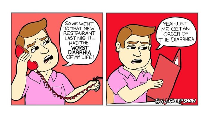 Two-panel NJ Creepshow comic showing a man on phone and reading menu, humorously discussing diarrhea experience.