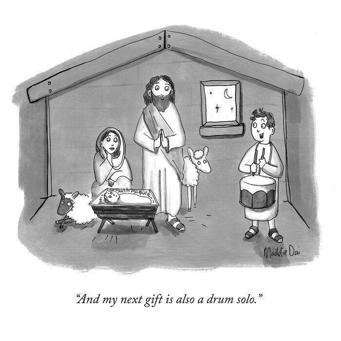 Nativity scene cartoon with a drum solo punchline, part of clever and hilariously relatable cartoons by Maddie Dai.