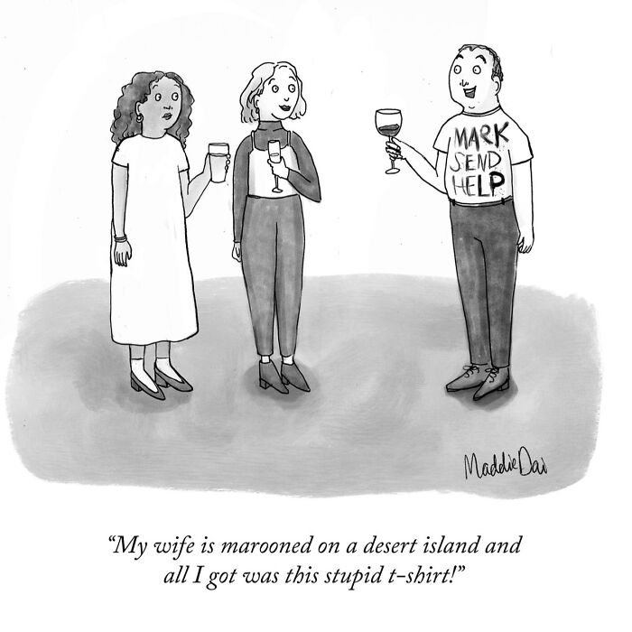 Black and white cartoon by Maddie Dai showing three people at a party, one wearing a funny help-plea t-shirt.
