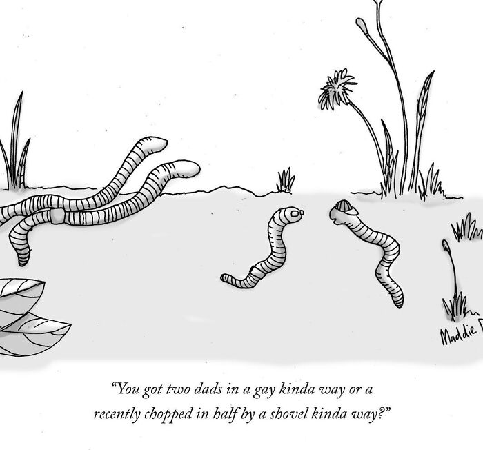 Cartoon worms with humorous dialogue in a clever and hilariously relatable cartoon by Maddie Dai.