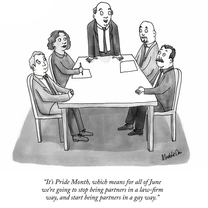 Black and white cartoon by Maddie Dai showing a law firm meeting with a humorous Pride Month announcement.