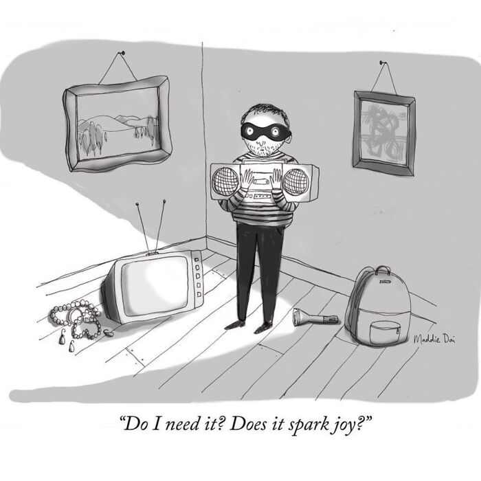 Cartoon of a masked person holding a boombox asking if an item sparks joy, from clever relatable cartoons by Maddie Dai.