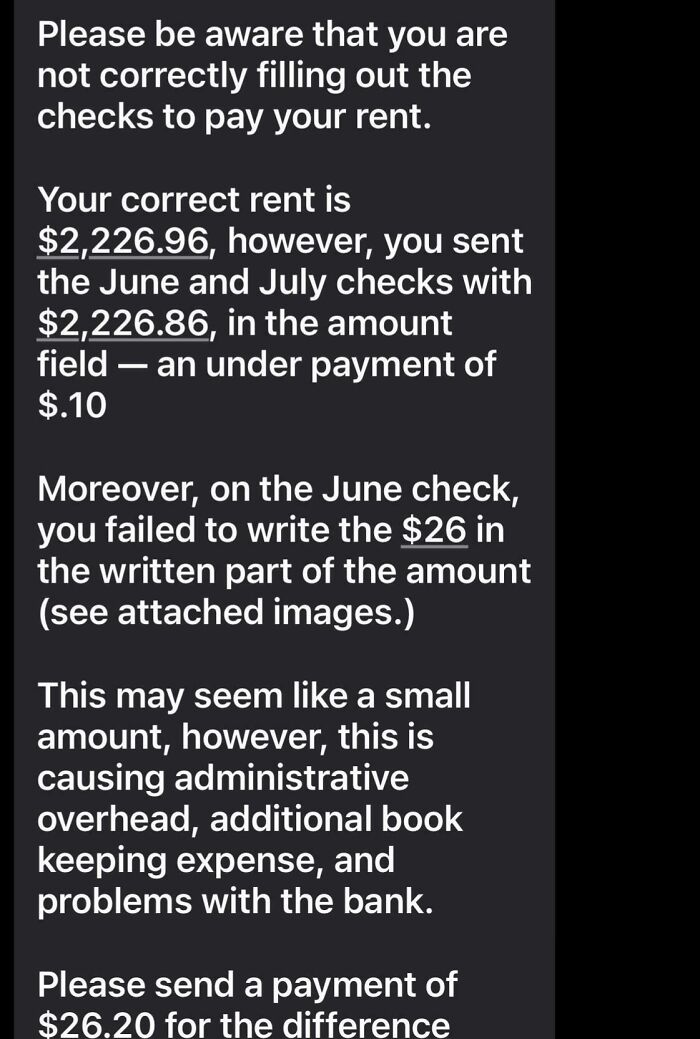 Message warning tenant about rent payment errors causing administrative issues in a rental nightmare with landlord shortcuts exposed