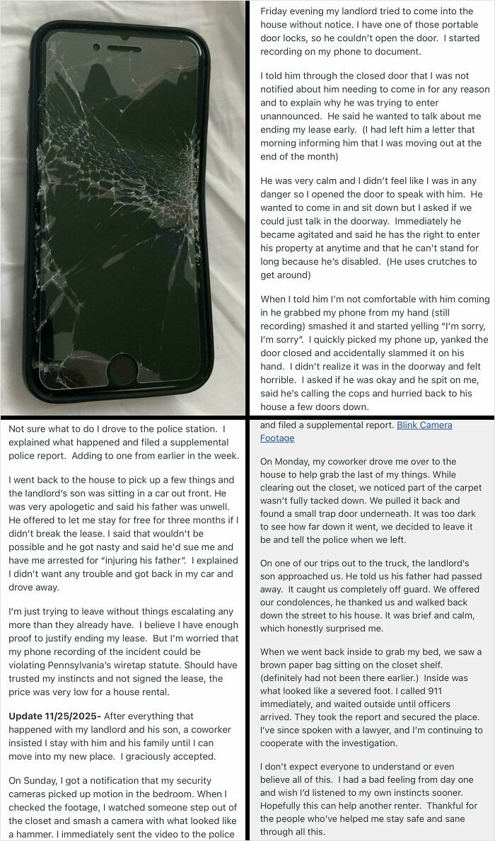Broken smartphone screen showing damage from rental nightmare where landlord tried to enter without notice and caused conflict.