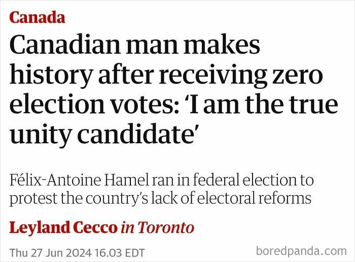 Canadian man makes history in awkward election moment after receiving zero votes in unexpected attempt.