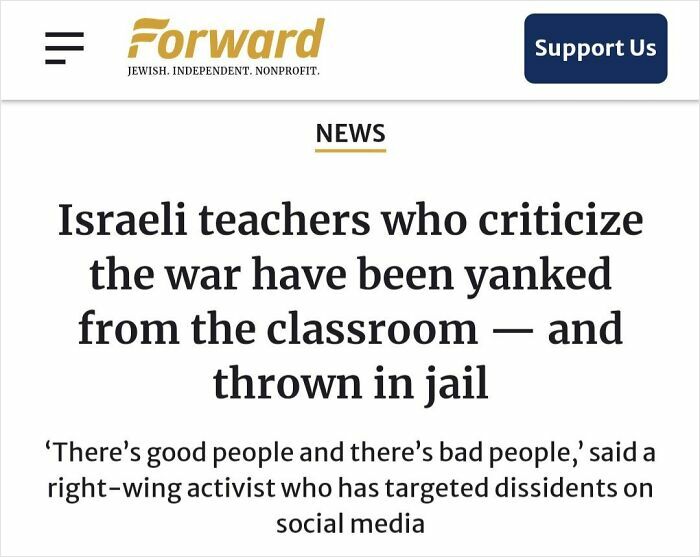 News headline about Israeli teachers being removed and jailed for criticizing the war, highlighting awkward moments when attempts failed