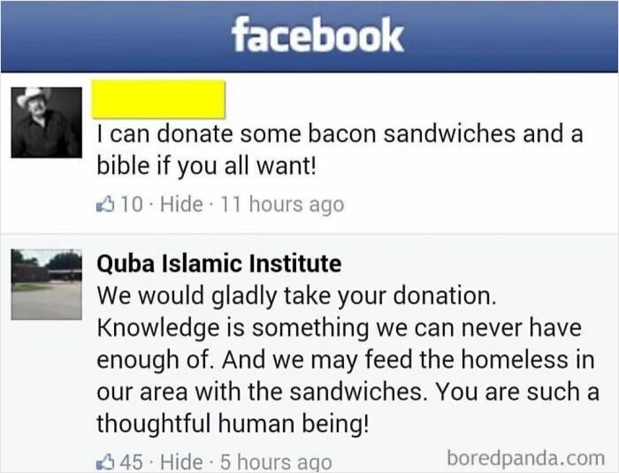 Facebook comment with an awkward donation offer involving bacon sandwiches and a bible, met with a thoughtful reply.