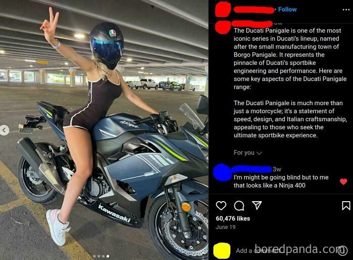 Person striking a peace sign pose on a Kawasaki motorcycle in a parking garage, capturing a funny and awkward moment.