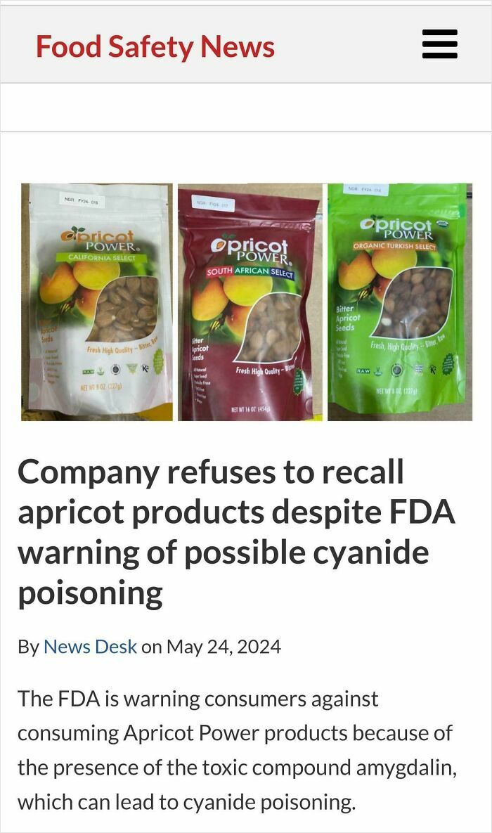Three bags of apricot seeds labeled California, South African, and Organic Turkish Select, highlighting a recall issue.