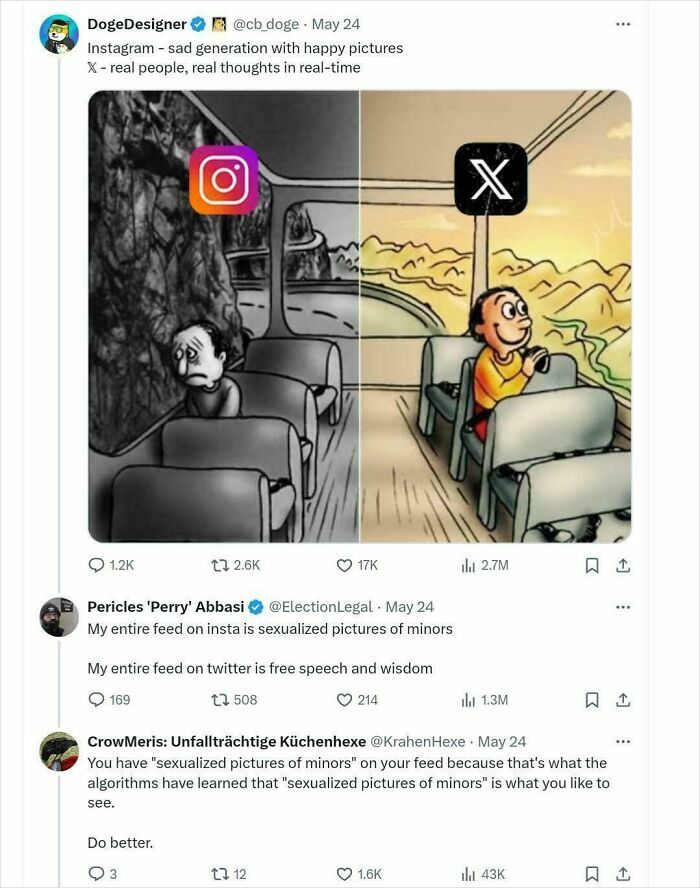 Split image showing Instagram symbol with a sad person looking at a dark rocky wall, and X symbol with a happy person enjoying a bright landscape.