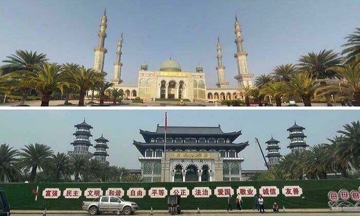 Two images showing funny and awkward moments when an attempt to build mosque-like structures didn’t go as expected.