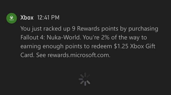Xbox notification showing points earned from purchasing Fallout 4: Nuka-World in a funny and awkward moment attempt.