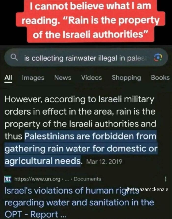 Screenshot of a search result highlighting restrictions on Palestinians collecting rainwater, illustrating a funny and awkward attempt gone wrong.