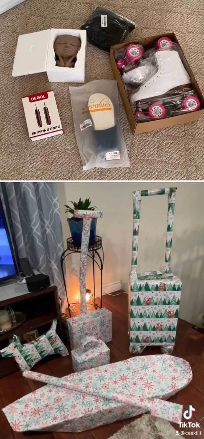 Various items creatively disguised with funny gift wraps that might inspire some mischief this Christmas season.