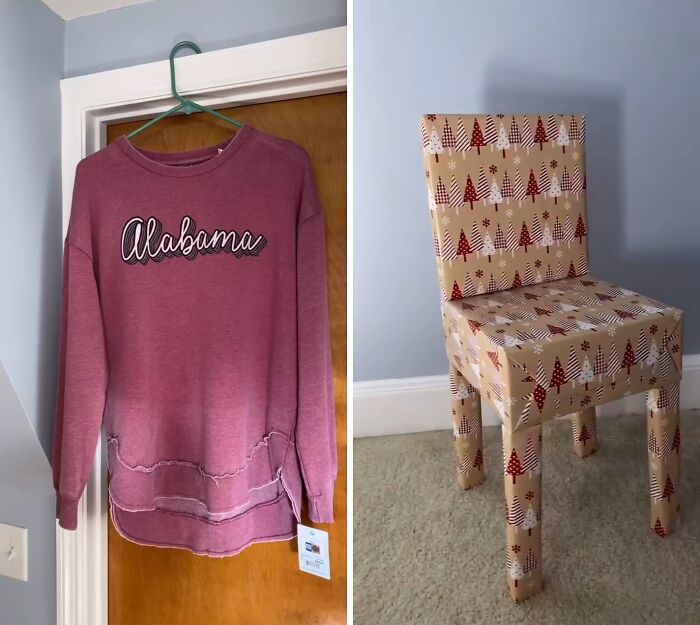 Chair completely wrapped in Christmas-themed gift wrap next to a hanging Alabama sweatshirt, showcasing funny gift wraps.
