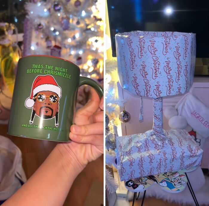 Funny Christmas gift wrap ideas including a humorous mug and creatively wrapped presents with festive designs and lights.