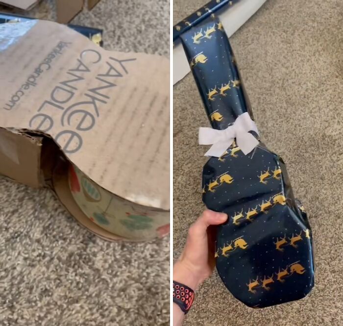 Funny gift wrap transforming a broken Yankee Candle box into a wrapped guitar shape with reindeer wrapping paper.