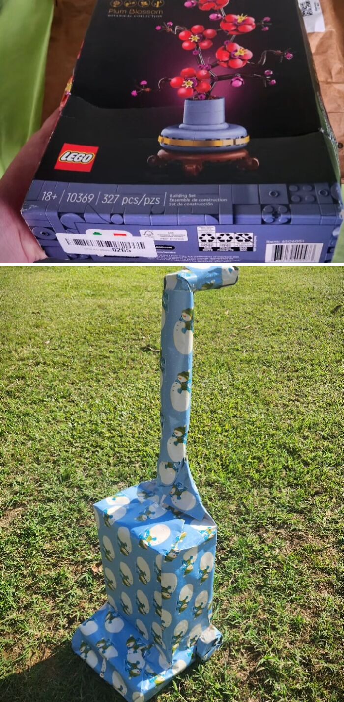 Lego set box and a vacuum cleaner wrapped in funny Christmas-themed gift wrap for mischievous holiday fun.