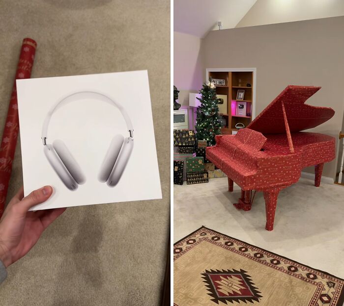 Gift wraps showcasing a giant piano and a headphones box, highlighting some of the funniest gift wrap ideas this Christmas.