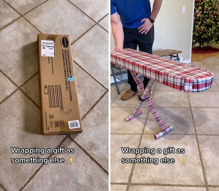 Box wrapped as an ironing board as a funny gift wrap idea, perfect for creative and mischievous Christmas gift wraps.