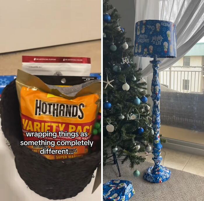 Creative and funny gift wraps including a wrapped floor lamp and disguised items for Christmas mischief inspiration.