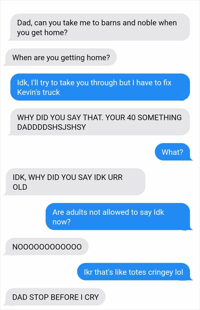 Text message exchange showing a funny and goofy conversation between a dad and child about saying IDK.
