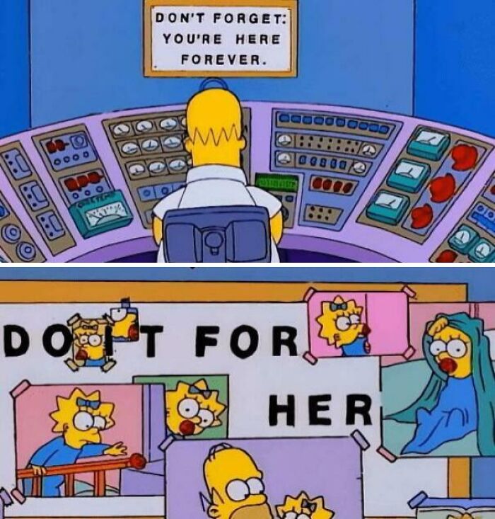Homer Simpson at control panel with a motivational dad wall of photos of Maggie, capturing goofy dad moments.