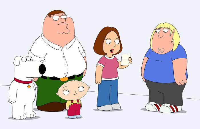 Animated characters from a longest running TV show standing together in a simple background, showcasing classic cartoon style.