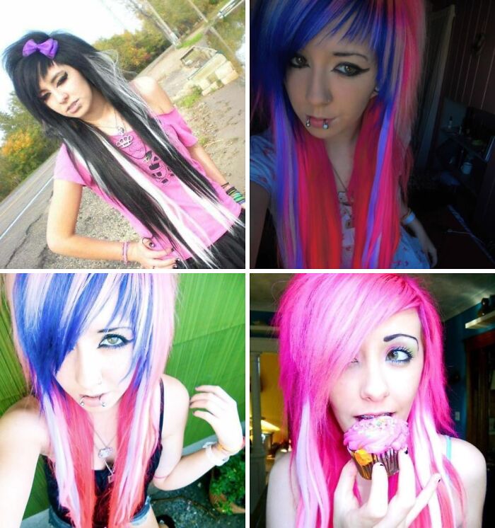Collage of awkward childhood photos featuring colorful hairstyles and expressive poses showcasing unique youthful styles.