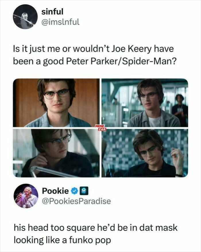 Joe Keery photos with funny Stranger Things memes about him as a potential Spider-Man and Funko Pop comparison.