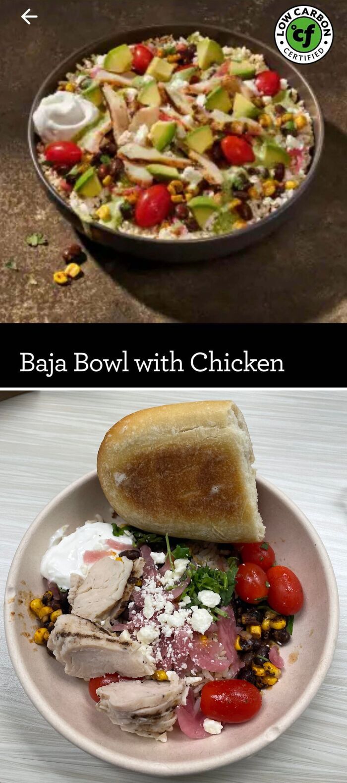 Baja Bowl with chicken ordered vs. delivered showing disappointing difference in outrageous meals not like menu photos