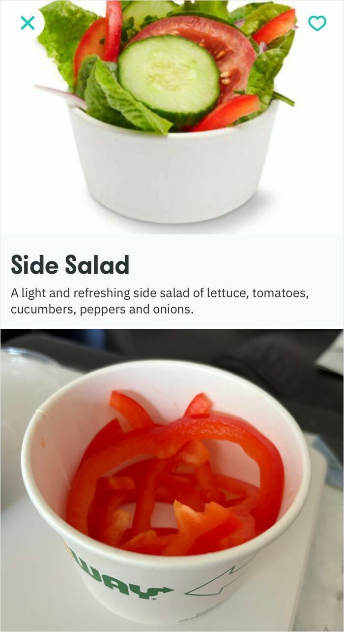 Side salad looking nothing like menu photo, containing only sliced red peppers in a small white cup.
