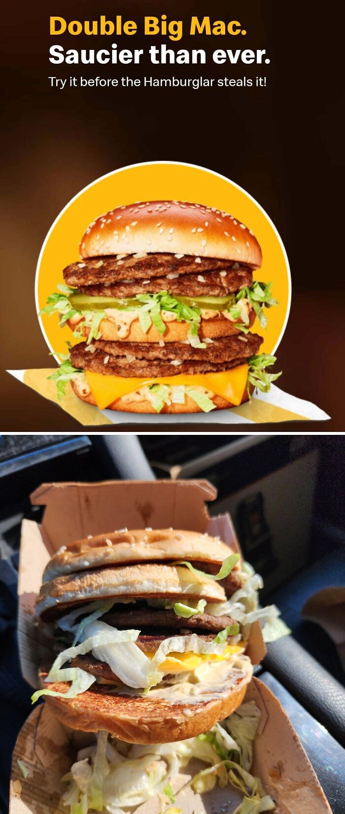 Double Big Mac burger comparison showing menu photo versus an unappealing meal from the outrageous meals collection.