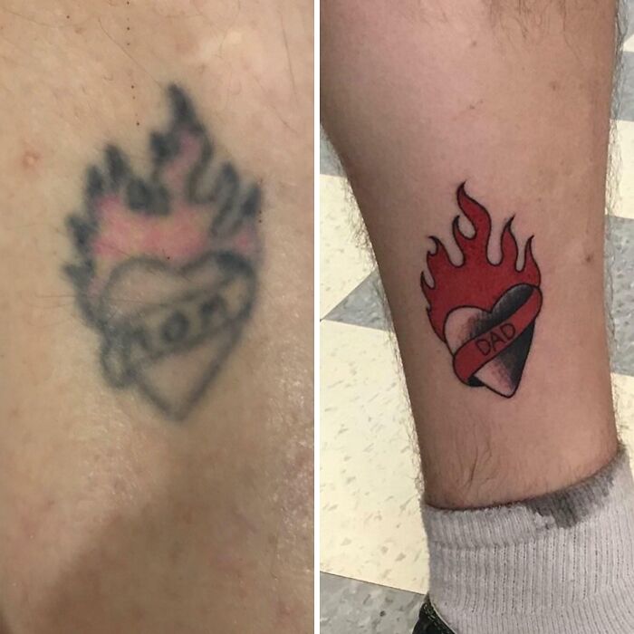 Before and after images of a wholesome tattoo featuring a flaming heart with a dad banner, showcasing meaningful small ink design.