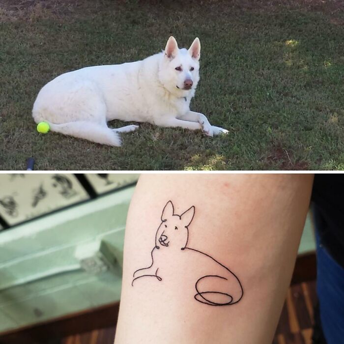Minimalist dog tattoo on forearm capturing a relaxed dog lying on grass, showcasing wholesome tattoos with meaningful little ink designs.