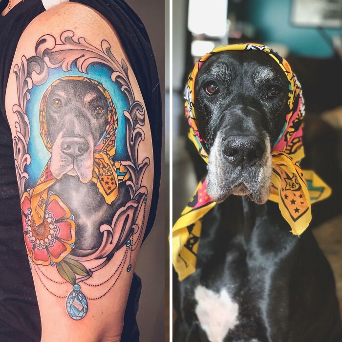 Tattoo of a black dog wearing a colorful headscarf, showcasing wholesome tattoos that carry a lot of meaning.