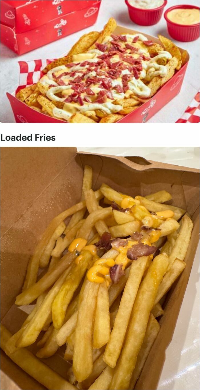 Loaded fries with cheese and bacon pieces in a takeout box showing a disappointing difference from menu photos.