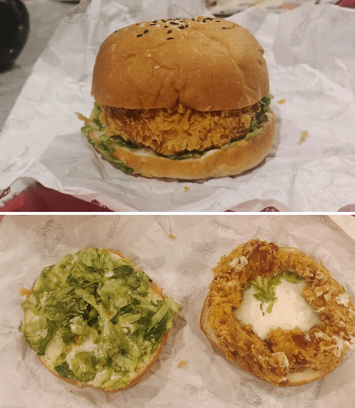 Crispy chicken sandwich with uneven lettuce and mayo, showing an example of outrageous meals that look nothing like menu photos.