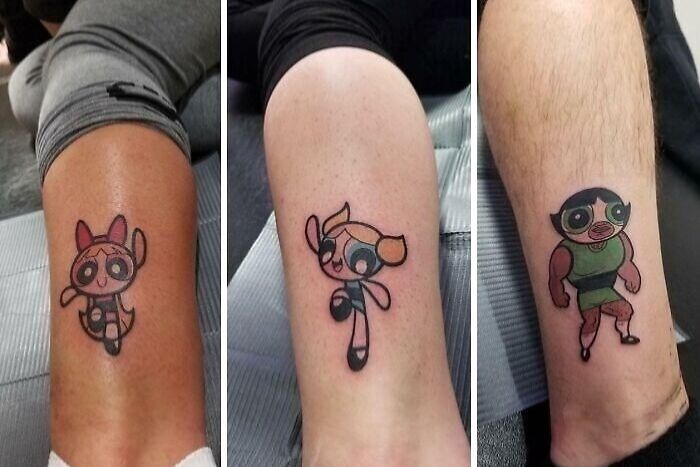 Three wholesome tattoos on legs featuring stylized cartoon characters with meaningful and colorful ink designs.