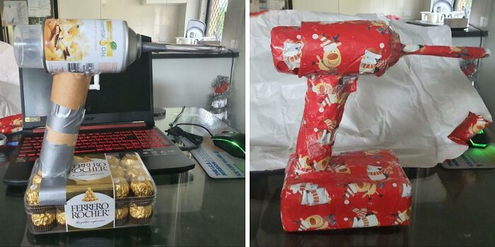 Creative and funny gift wraps mimicking a power drill, inspiring mischief and holiday laughter this Christmas season.